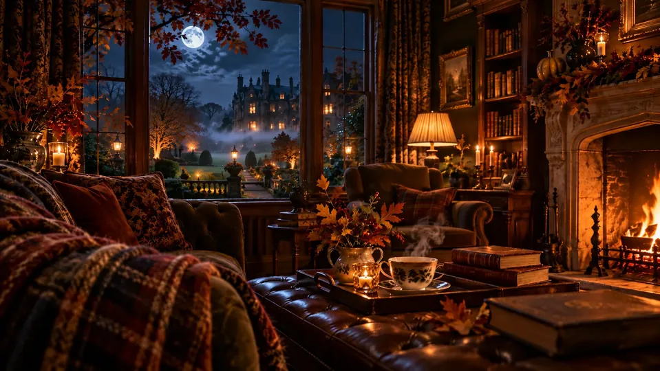 A candlelit library on an autumn night, fire in the hearth and a moonlit manor house through the window